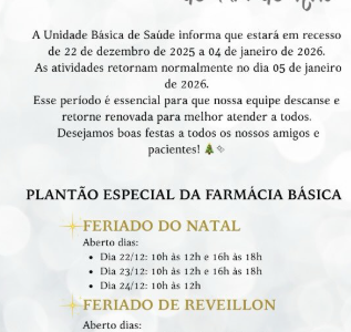 UBS de Figueirão entra em recesso de fim de ano no dia 22 de dezembro e farmácia básica terá plantão especial